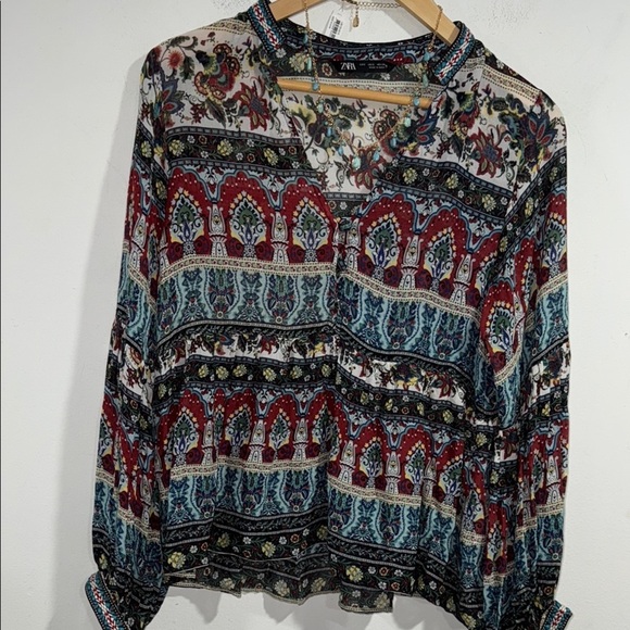 Zara shirt peasant style small Women's Multicolor Bohemian Top viscose - Picture 1 of 3